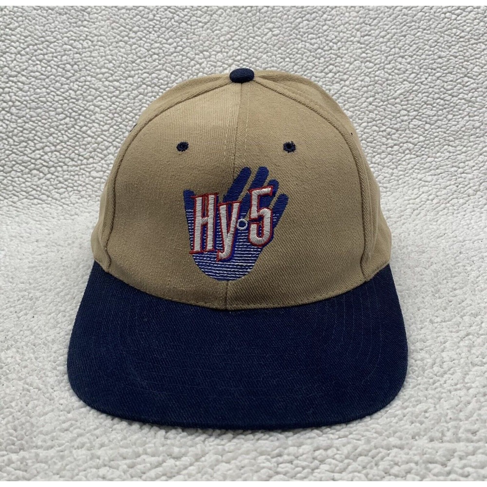 VTG Nissin HYo5 Snapback Hat Mens OSFM High Five Hand Retro 90s Tan Navy Blue